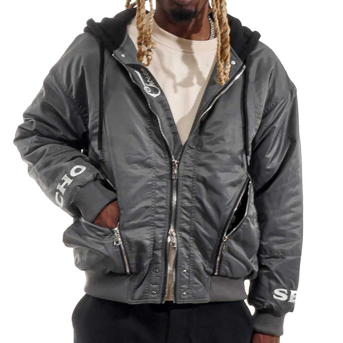 Relaxed hooded bomber jacket