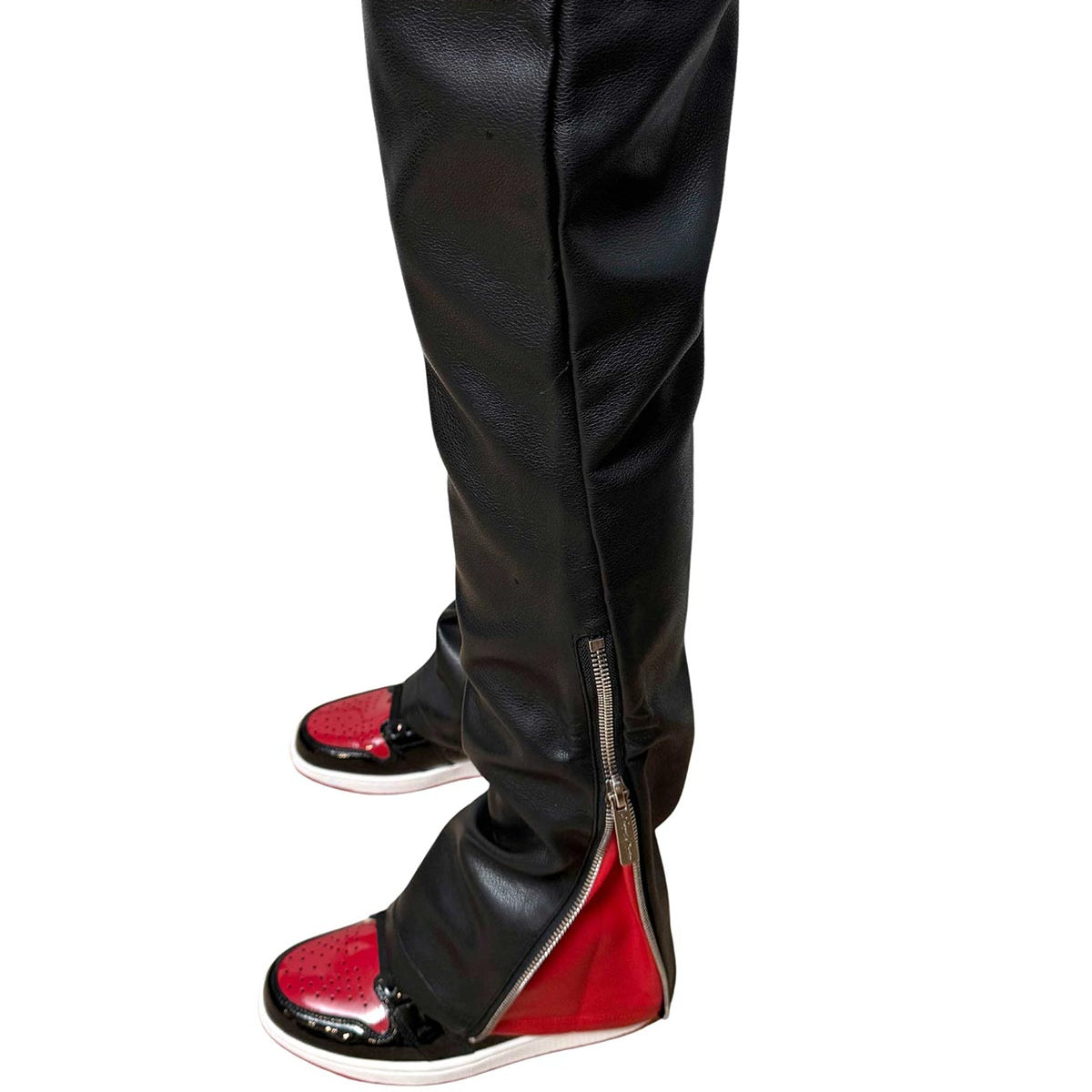 Vegan leather flared fit w/ side zipper contrast detail