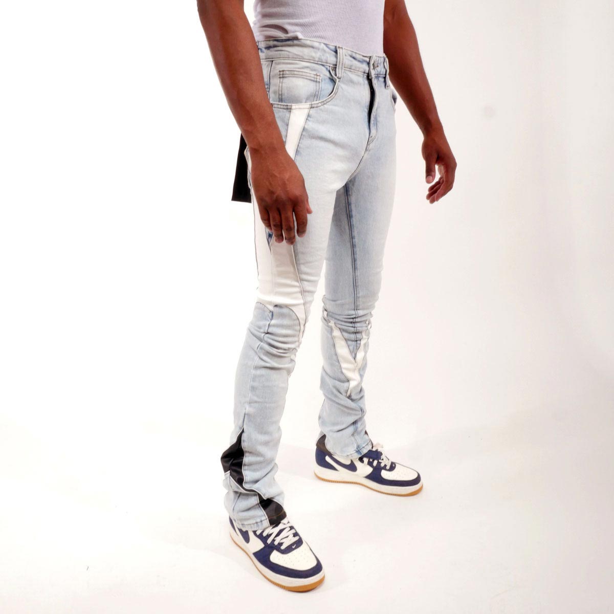 Stack denim w/ leather cut & sew details