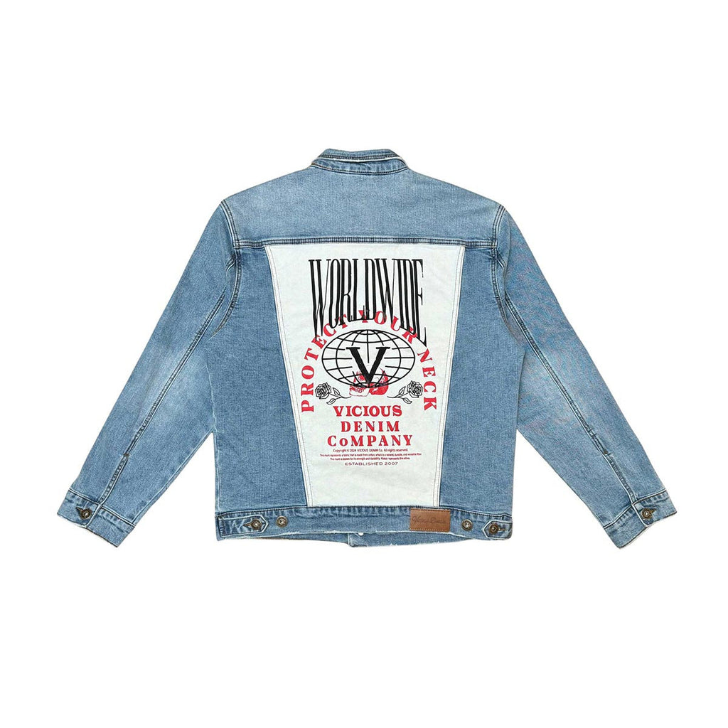Denim jacket w/ suede cut & sew and pearl + gem stone details