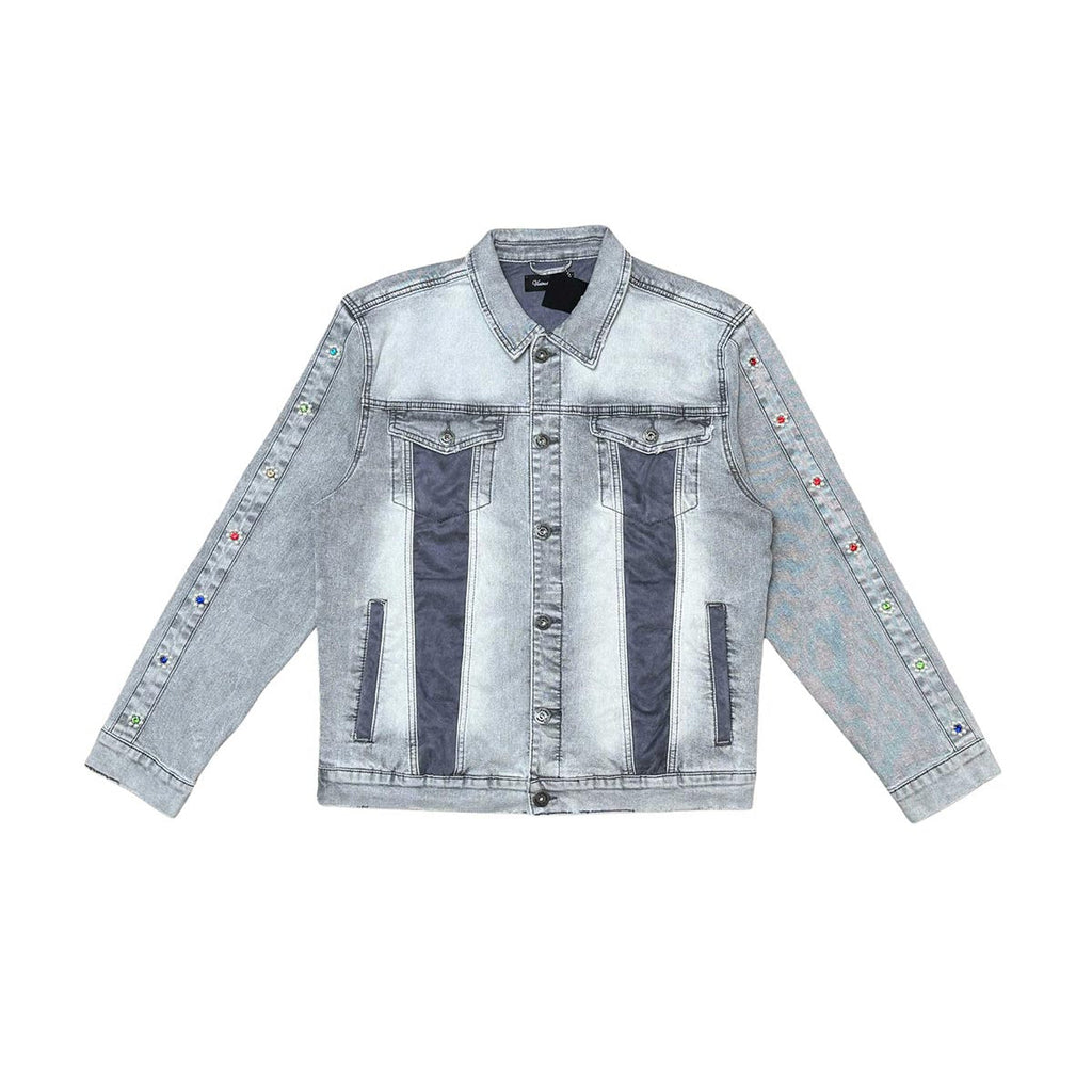 Denim jacket w/ suede cut & sew and pearl + gem stone details