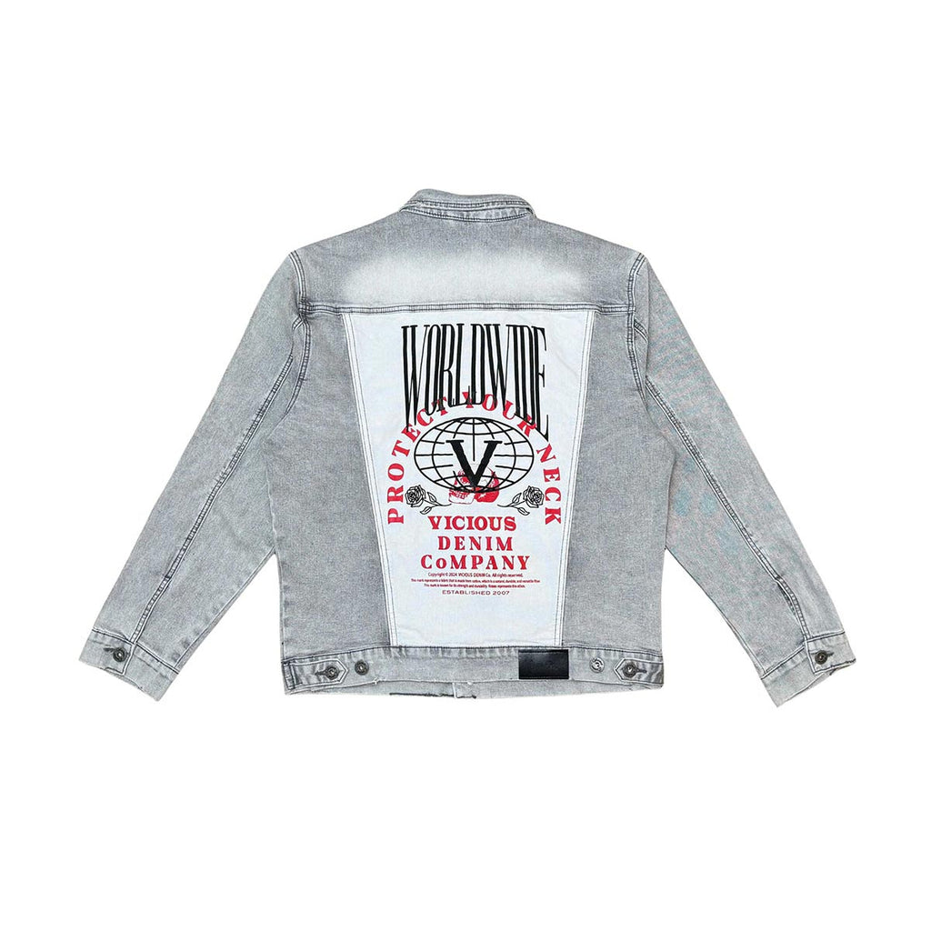 Denim jacket w/ suede cut & sew and pearl + gem stone details