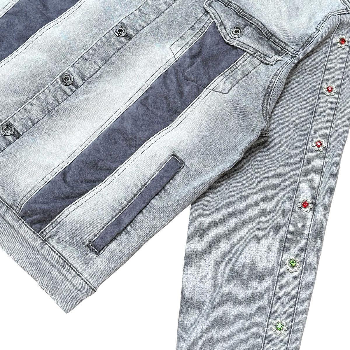 Denim jacket w/ suede cut & sew and pearl + gem stone details