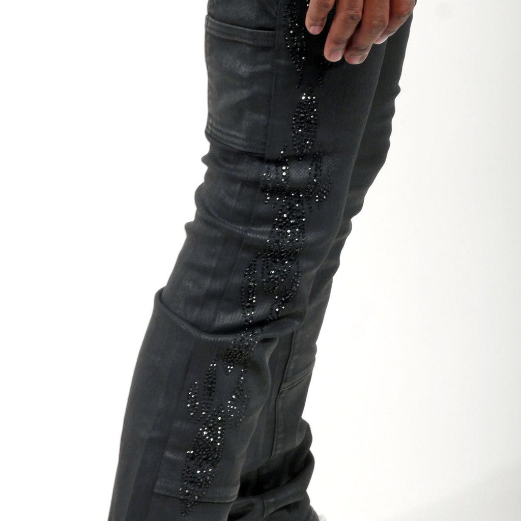 Embellished wax coated denim pant