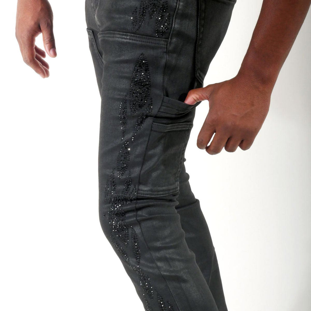 Embellished wax coated denim pant