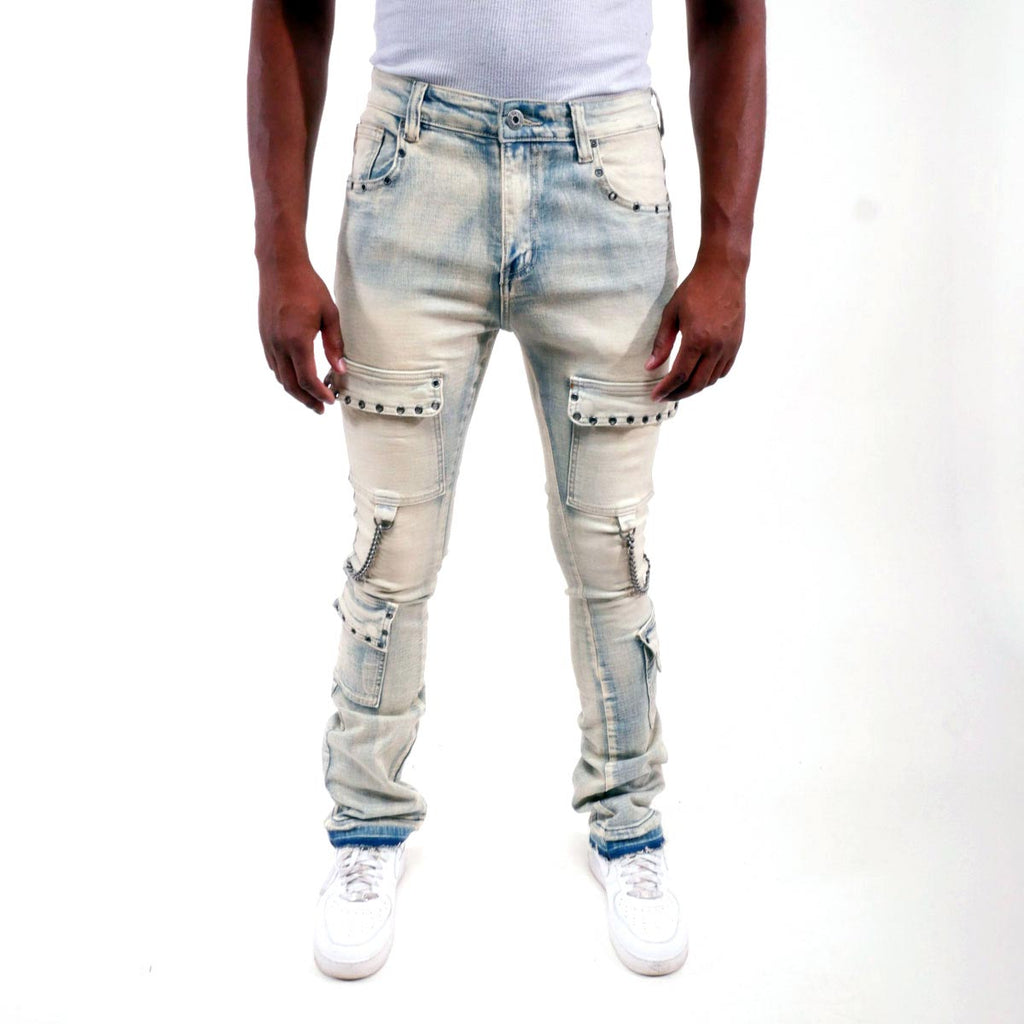 Flare fit denim pant w/ stone details + chains