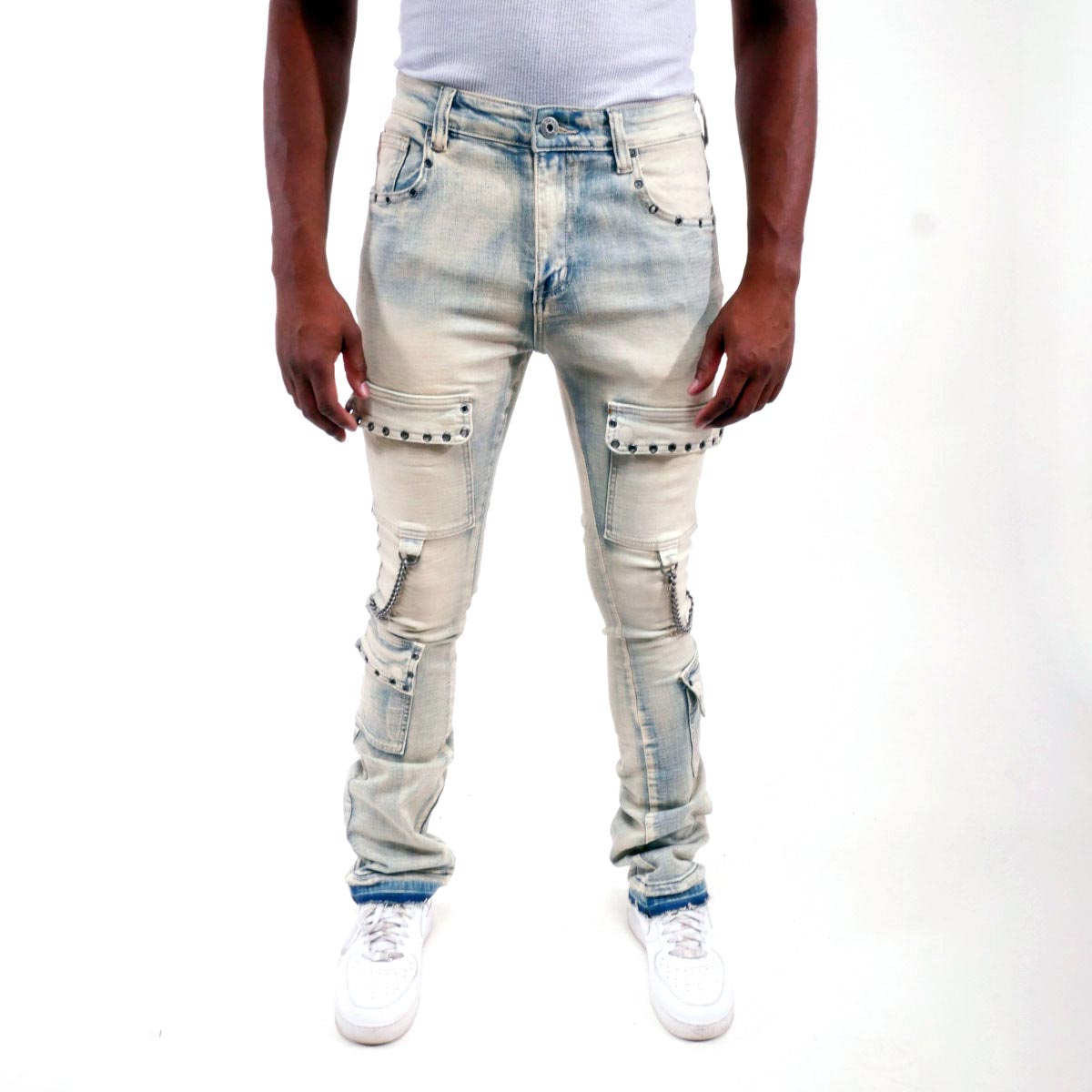 Flare fit denim pant w/ stone details + chains