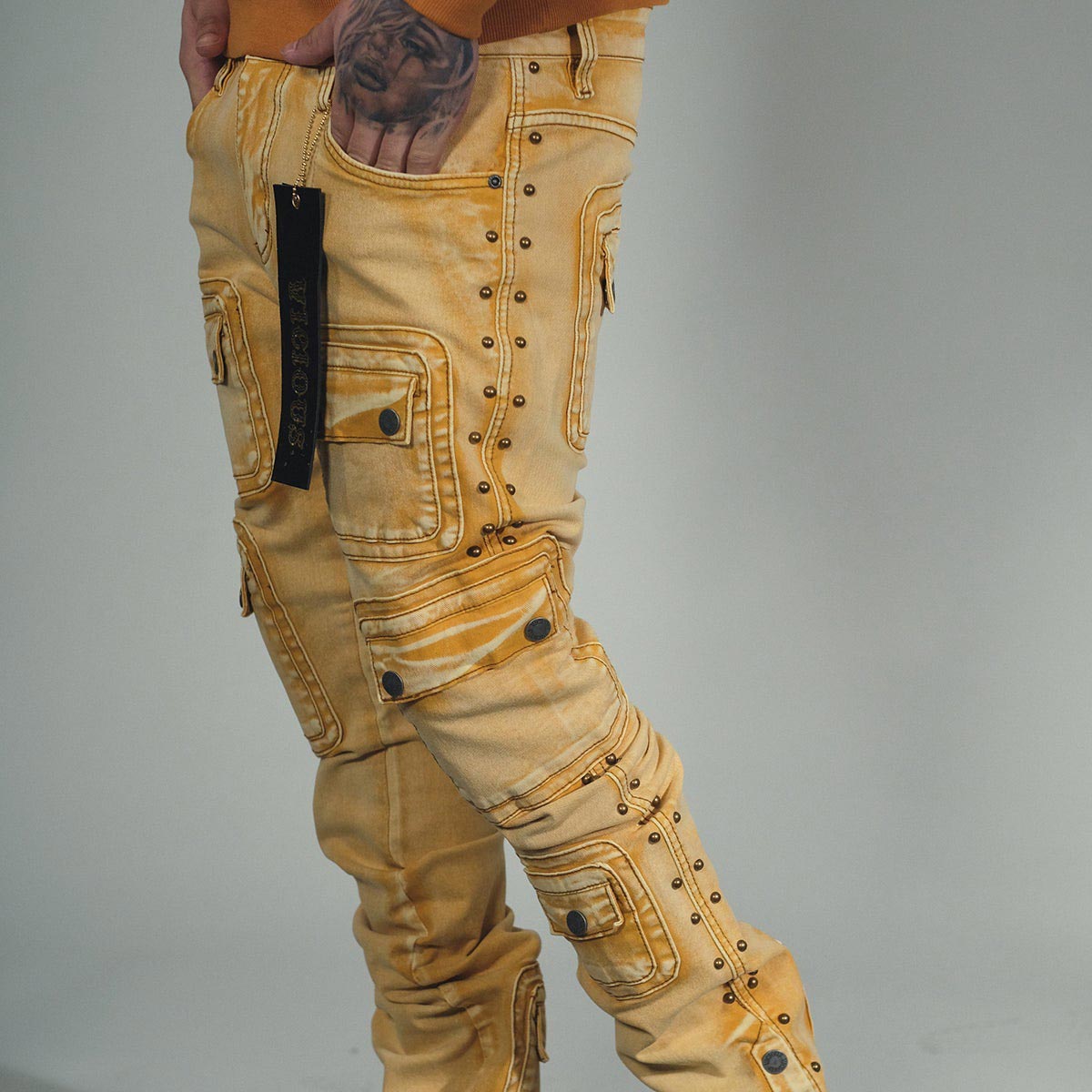 Studded warrior cargo flare fit denim pant