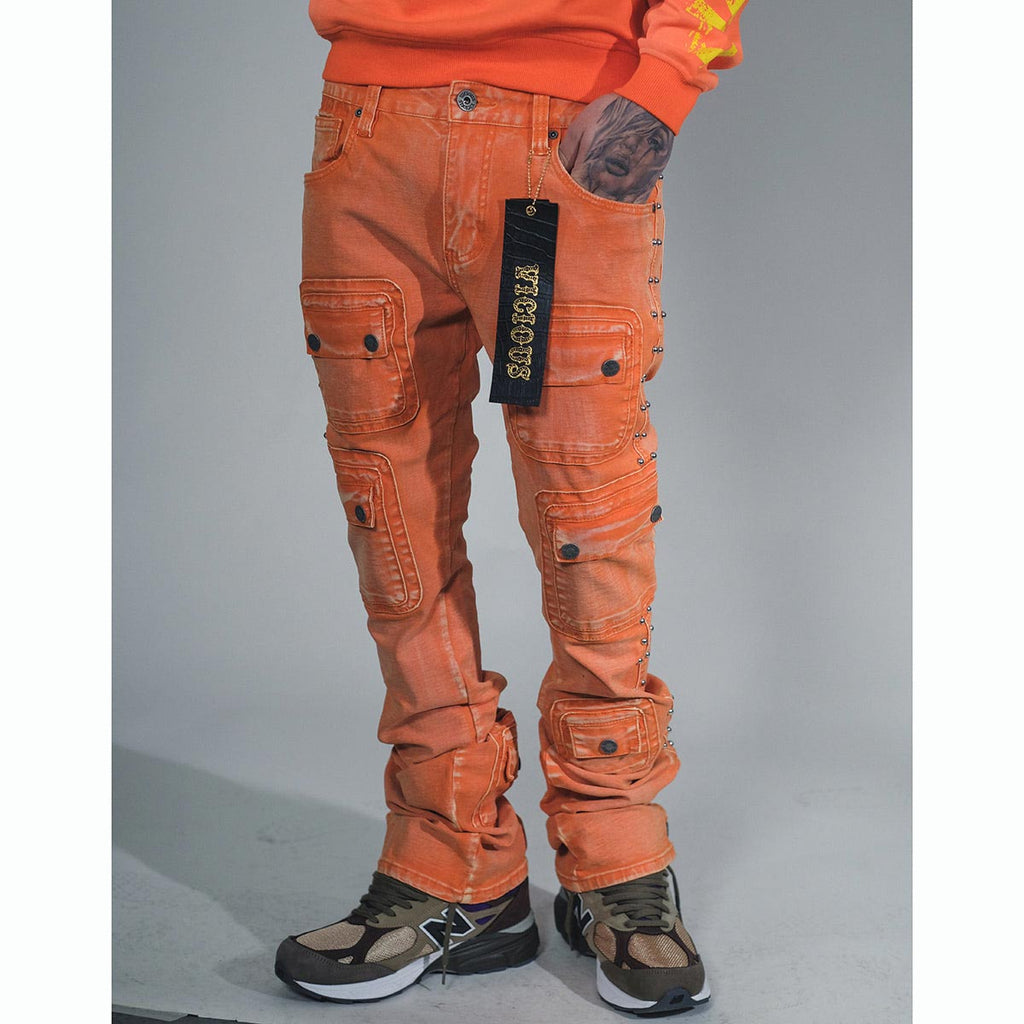 Studded warrior cargo flare fit denim pant
