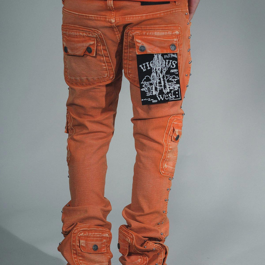 Studded warrior cargo flare fit denim pant