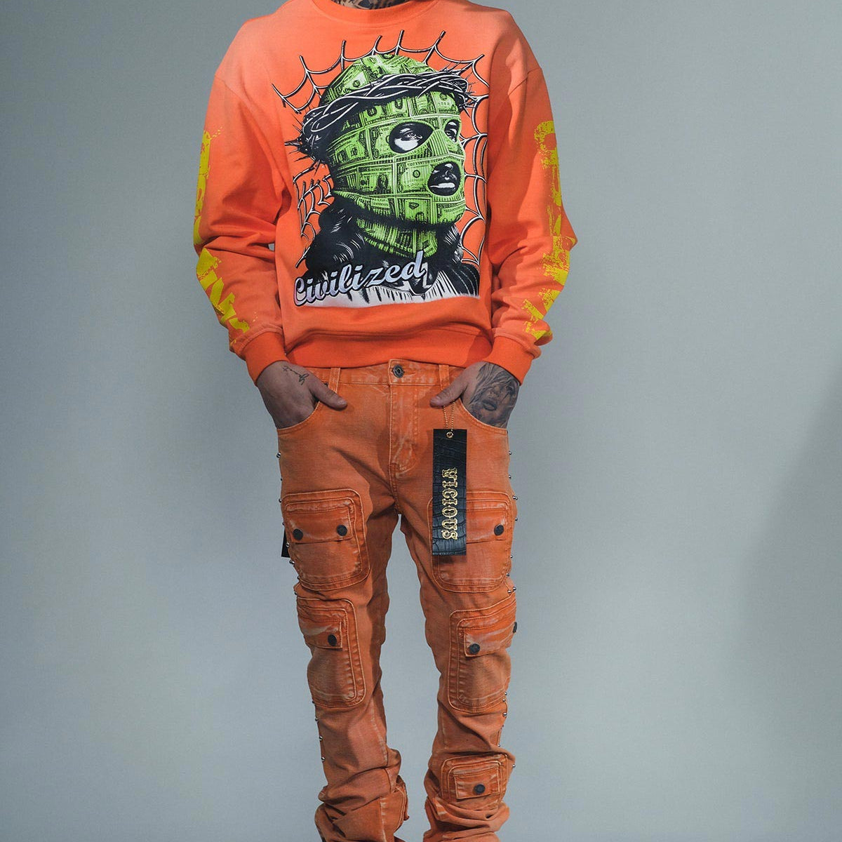 Studded warrior cargo flare fit denim pant