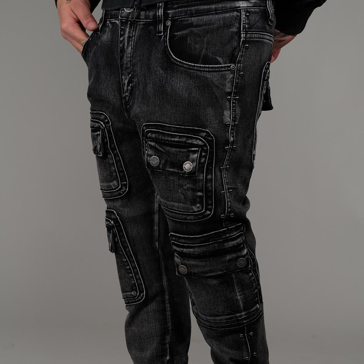Studded warrior cargo flare fit denim pant