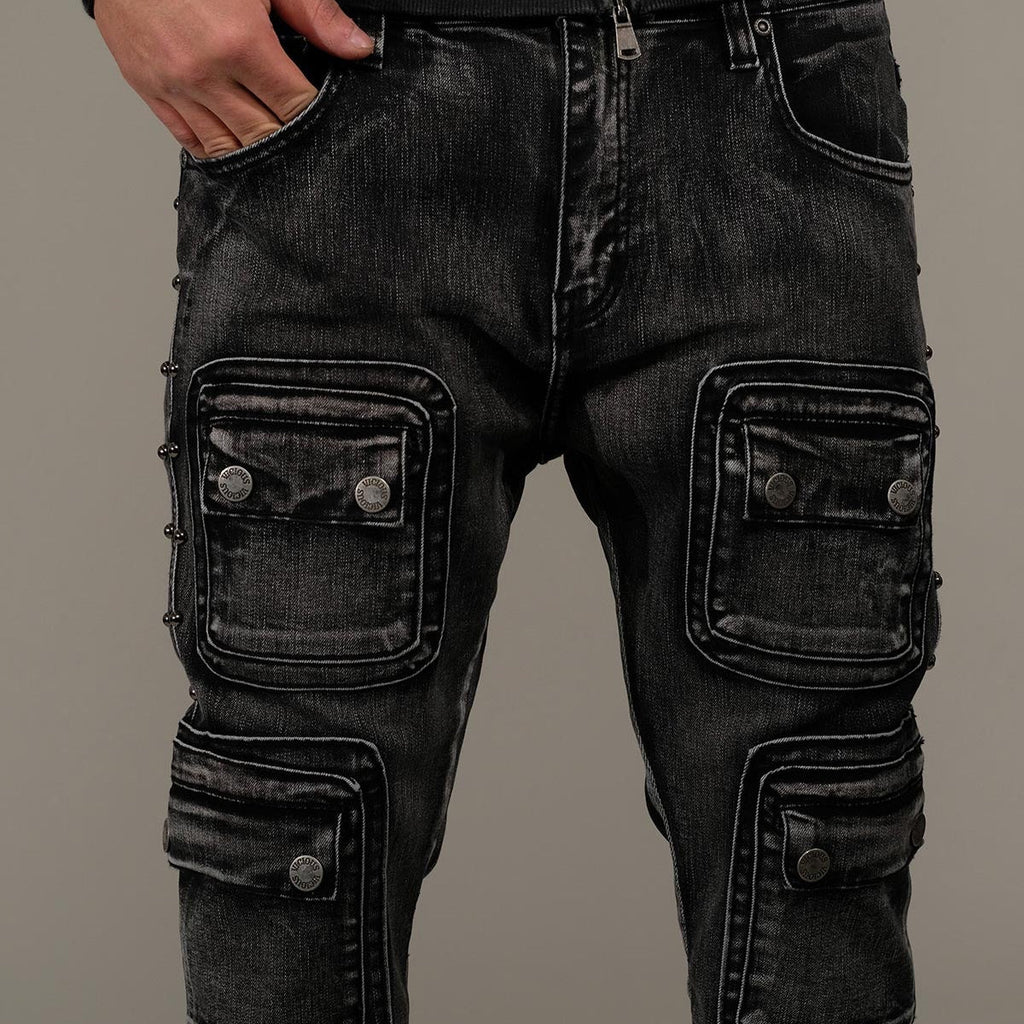 Studded warrior cargo flare fit denim pant