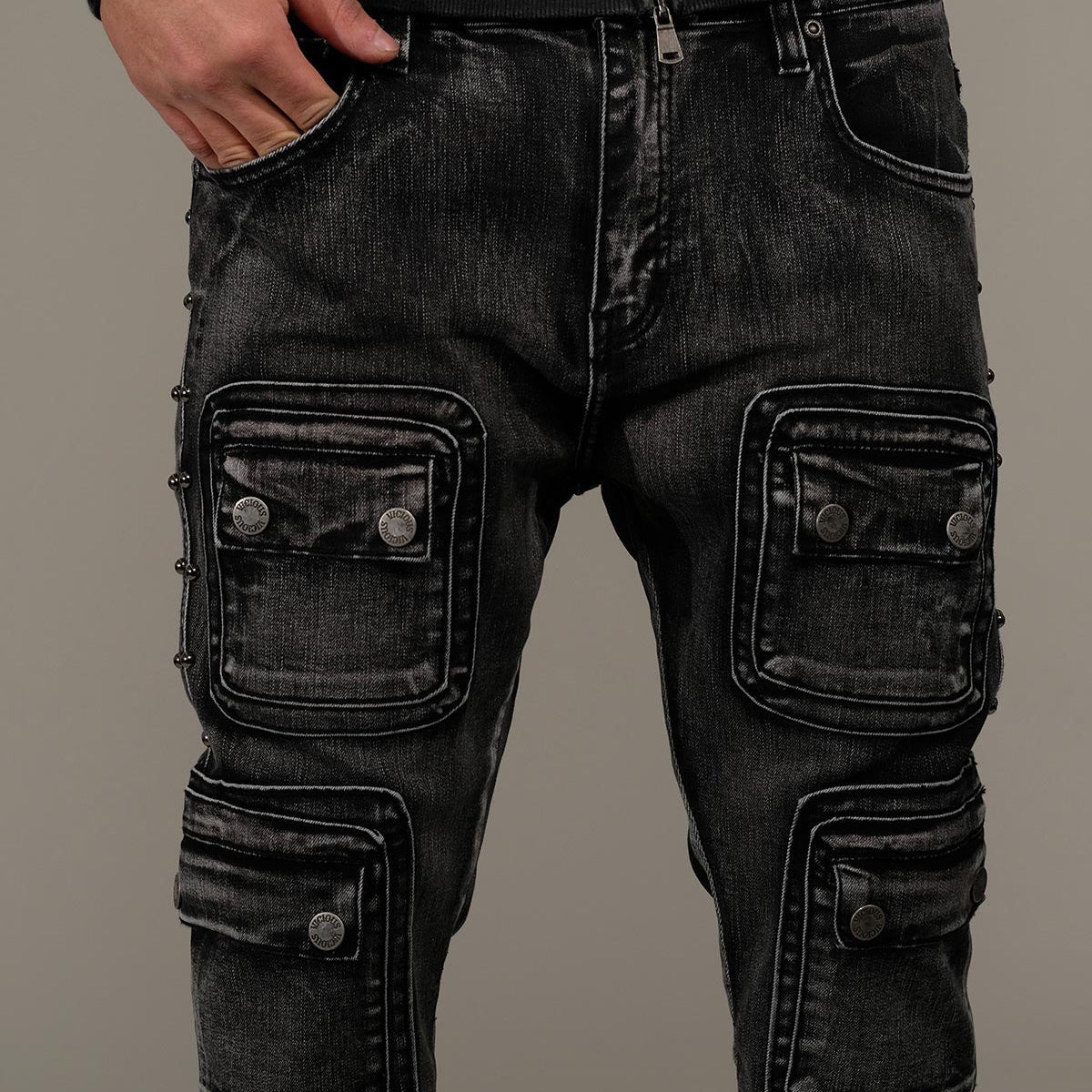 Studded warrior cargo flare fit denim pant