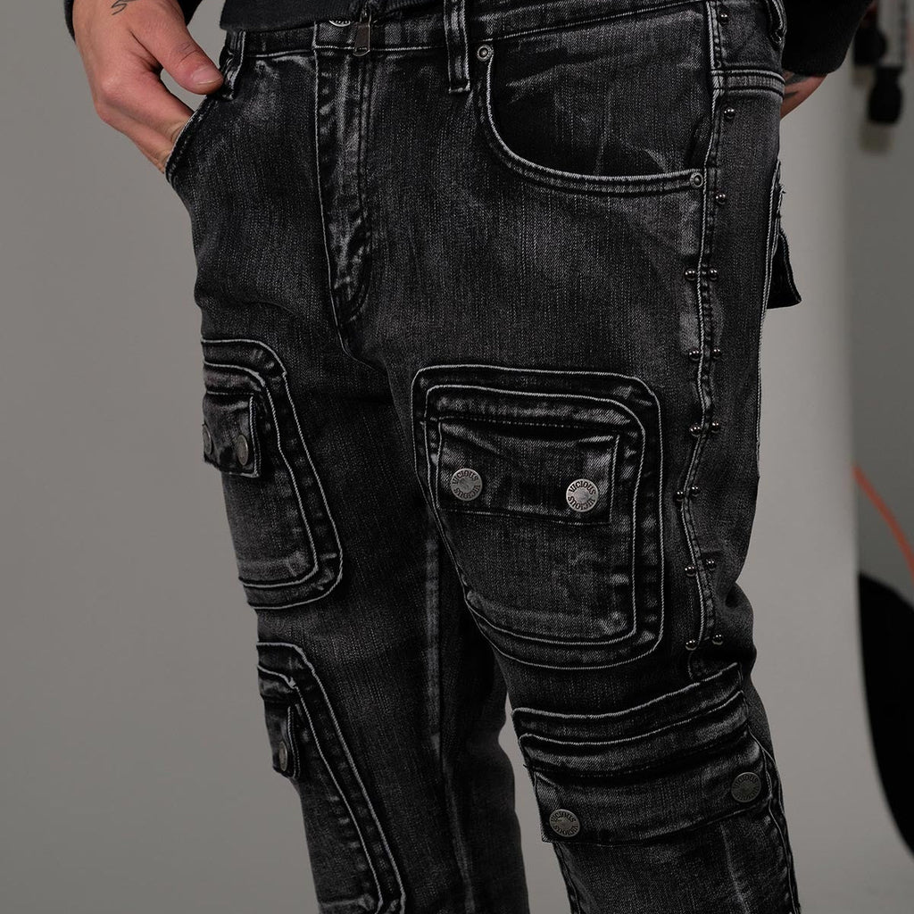 Studded warrior cargo flare fit denim pant