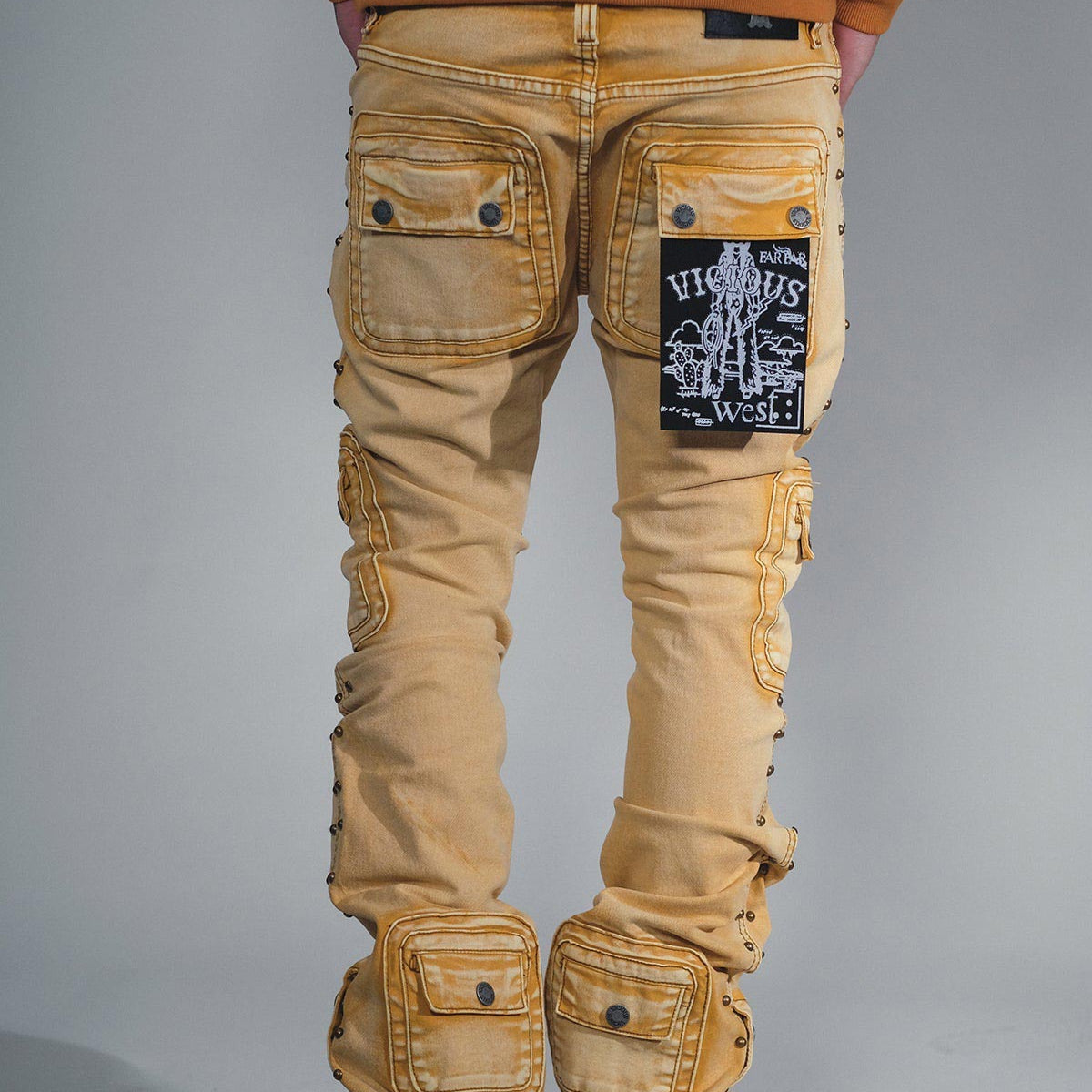 Studded warrior cargo flare fit denim pant