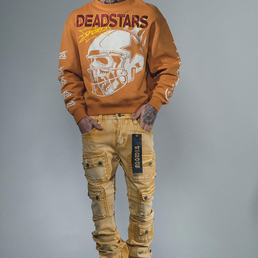 Studded warrior cargo flare fit denim pant