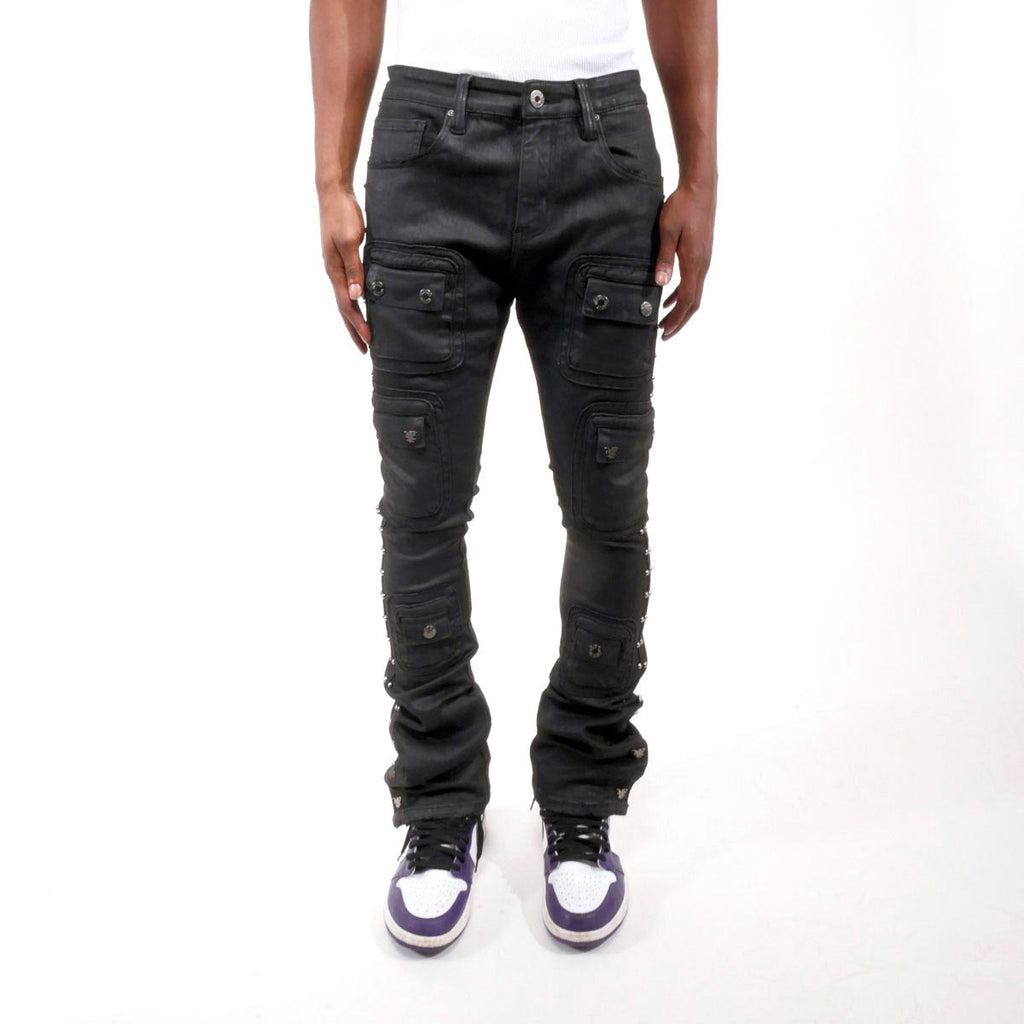 Studded warrior cargo flare fit denim pant