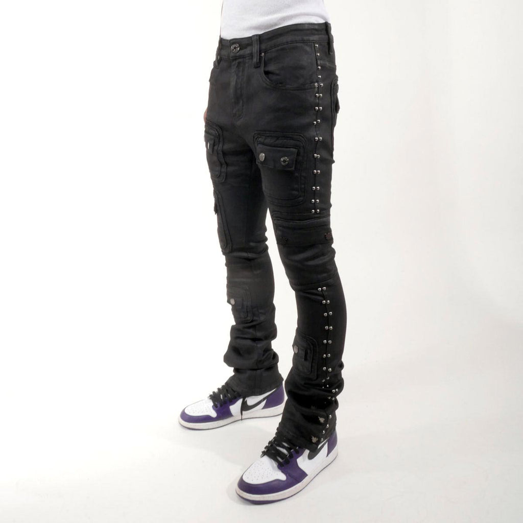 Studded warrior cargo flare fit denim pant