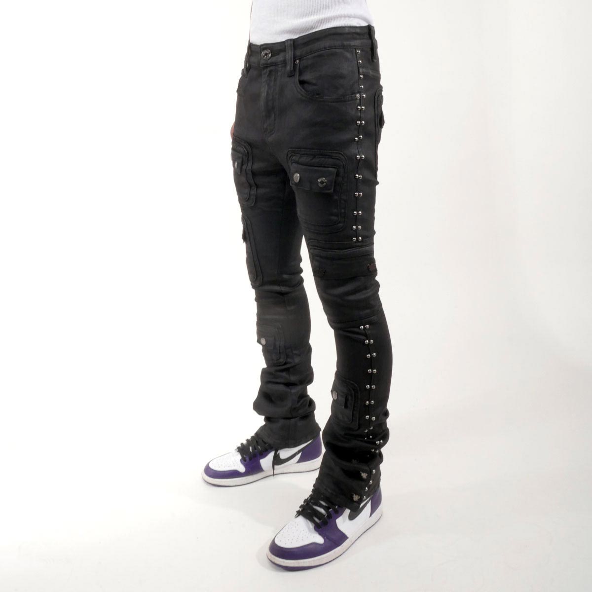 Studded warrior cargo flare fit denim pant