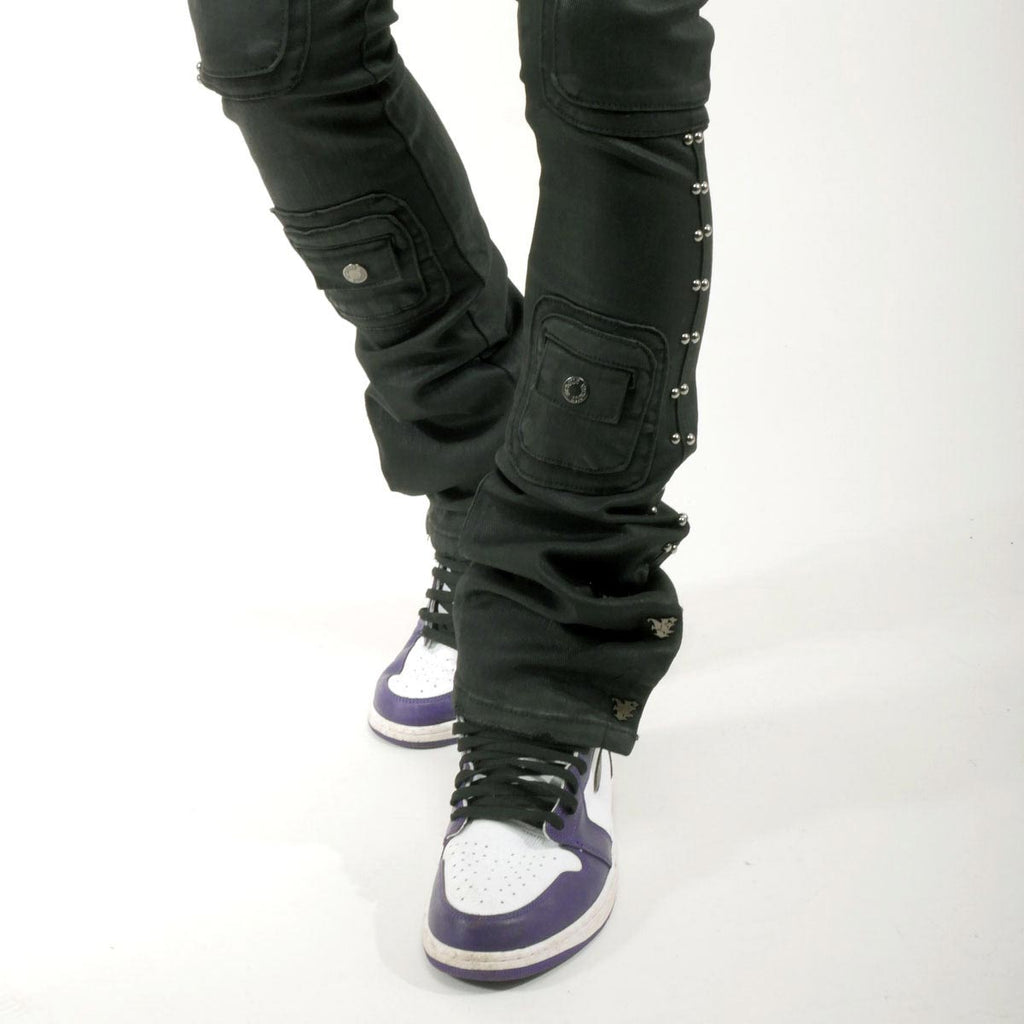 Studded warrior cargo flare fit denim pant