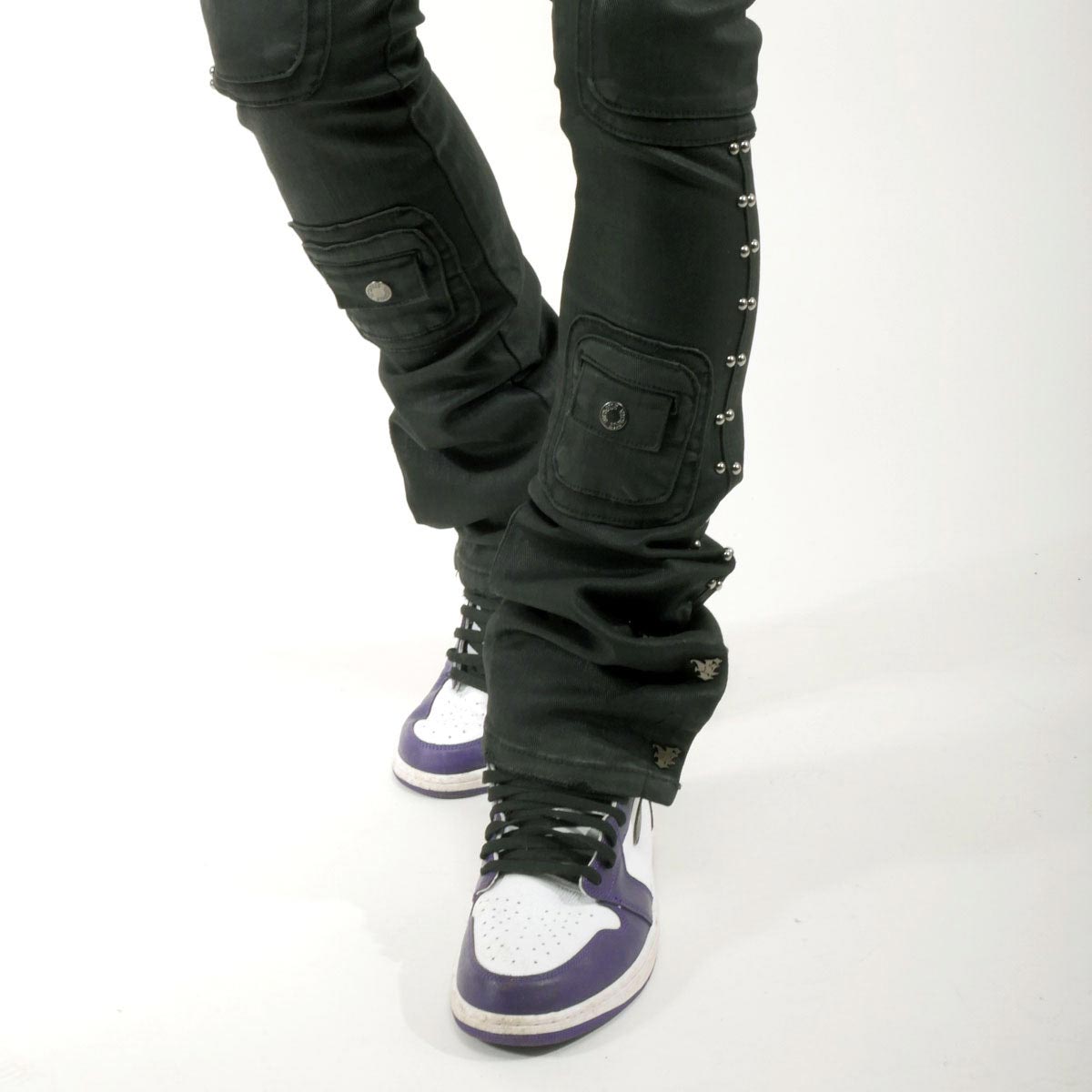 Studded warrior cargo flare fit denim pant
