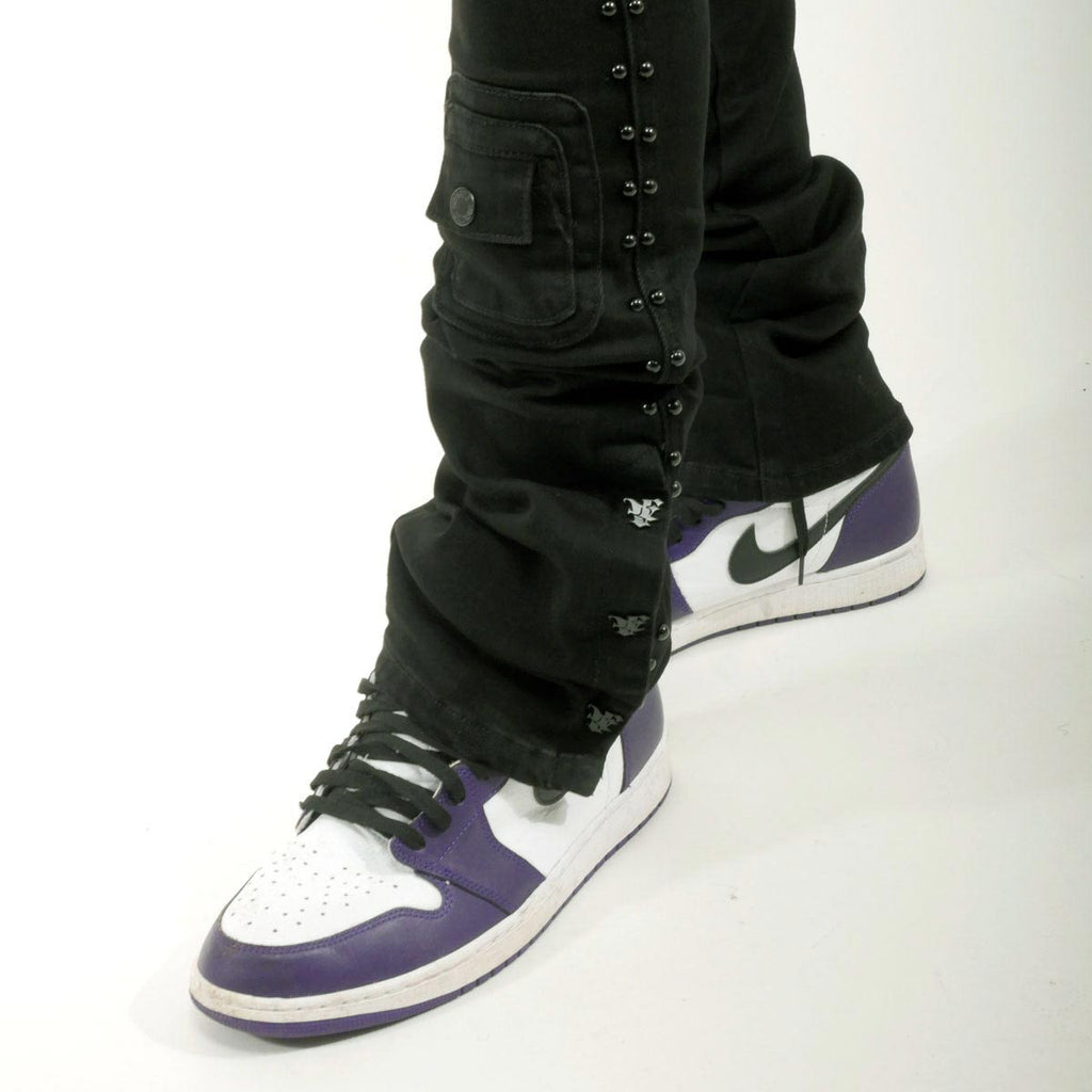 Studded warrior cargo flare fit denim pant