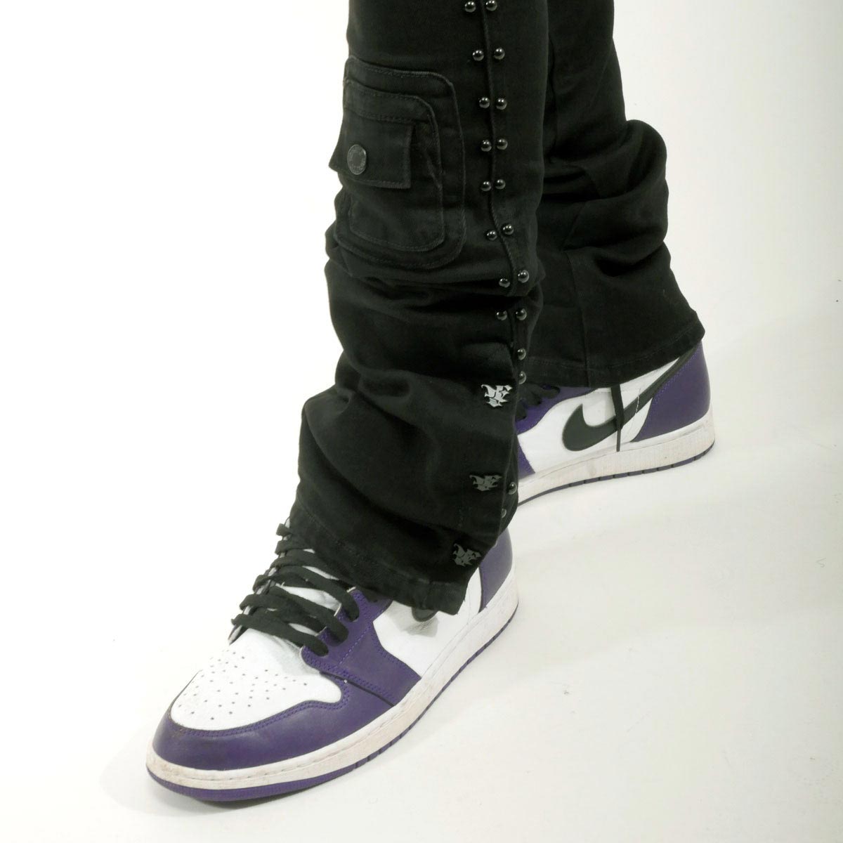 Studded warrior cargo flare fit denim pant