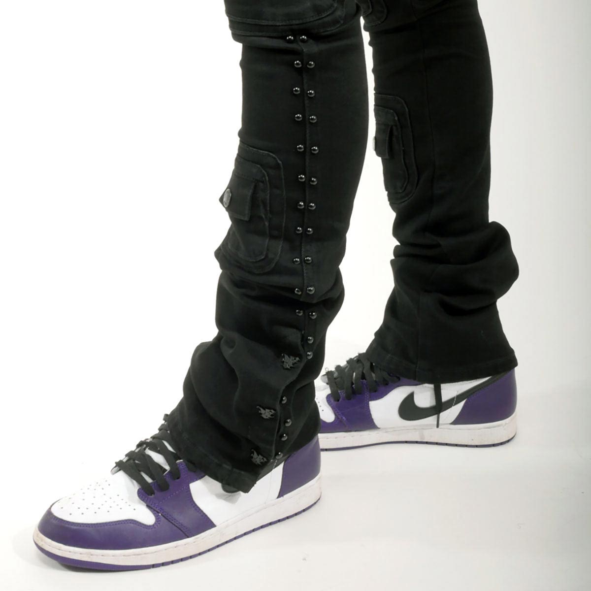 Studded warrior cargo flare fit denim pant