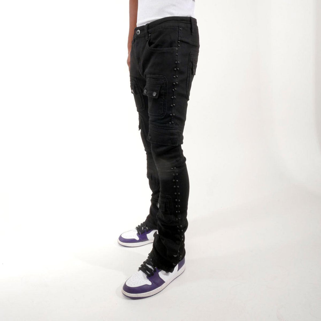 Studded warrior cargo flare fit denim pant