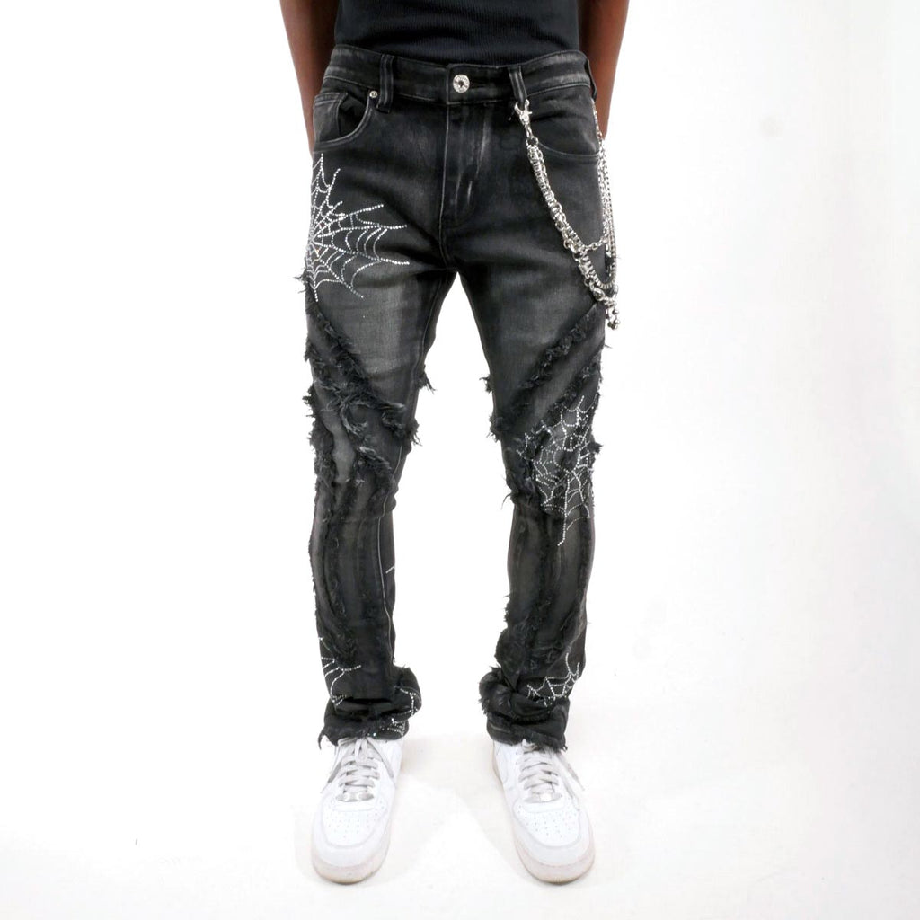 Stack denim pant w/ studded spider webs