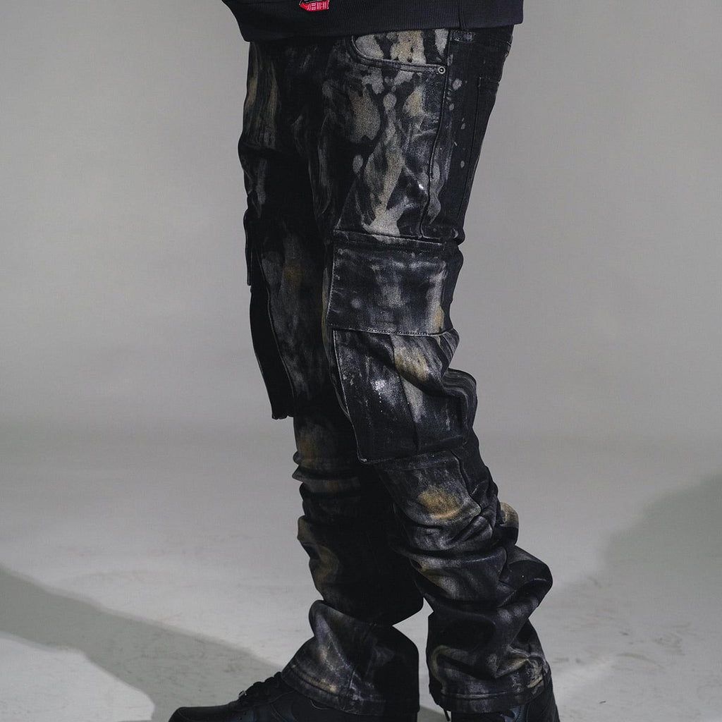 Wax coated washed flared denim pant