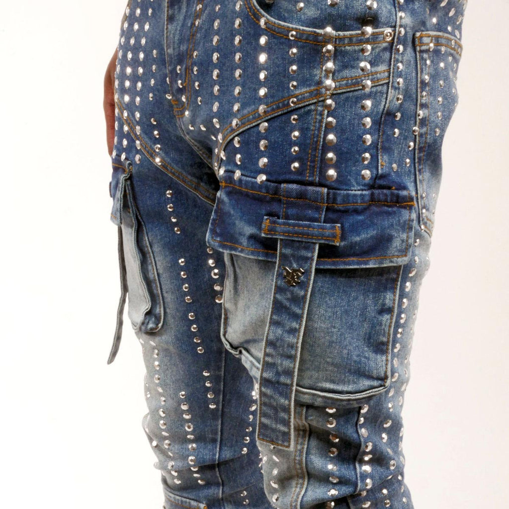 Silver studded muti cargo flare denim pant
