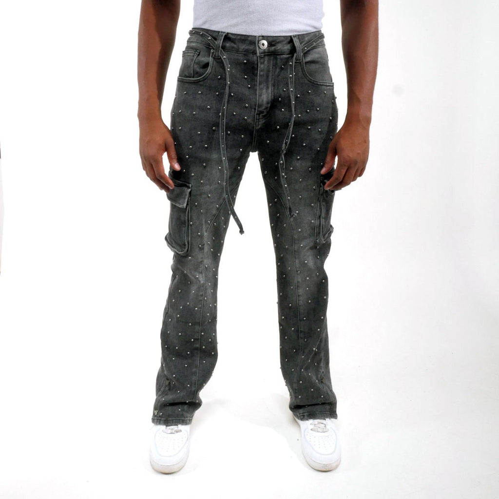 Pearl medium studded relaxed straight denim pant
