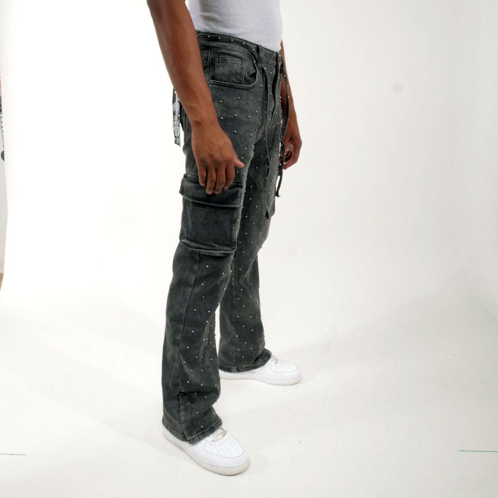 Pearl medium studded relaxed straight denim pant