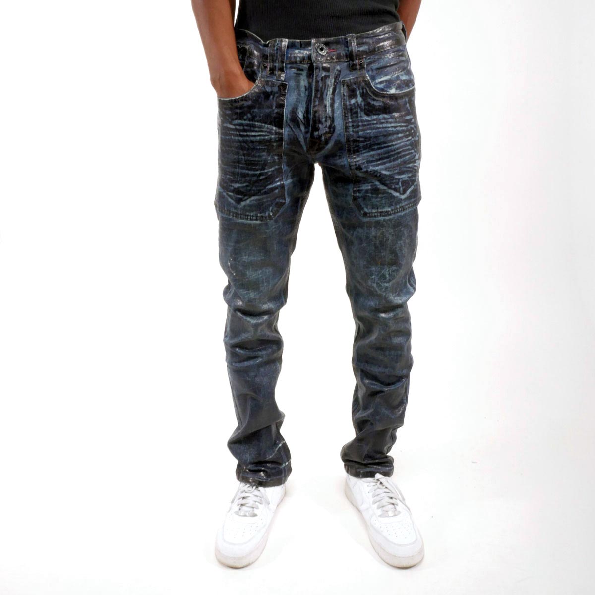 Patch pocket oil slick straight leg jean