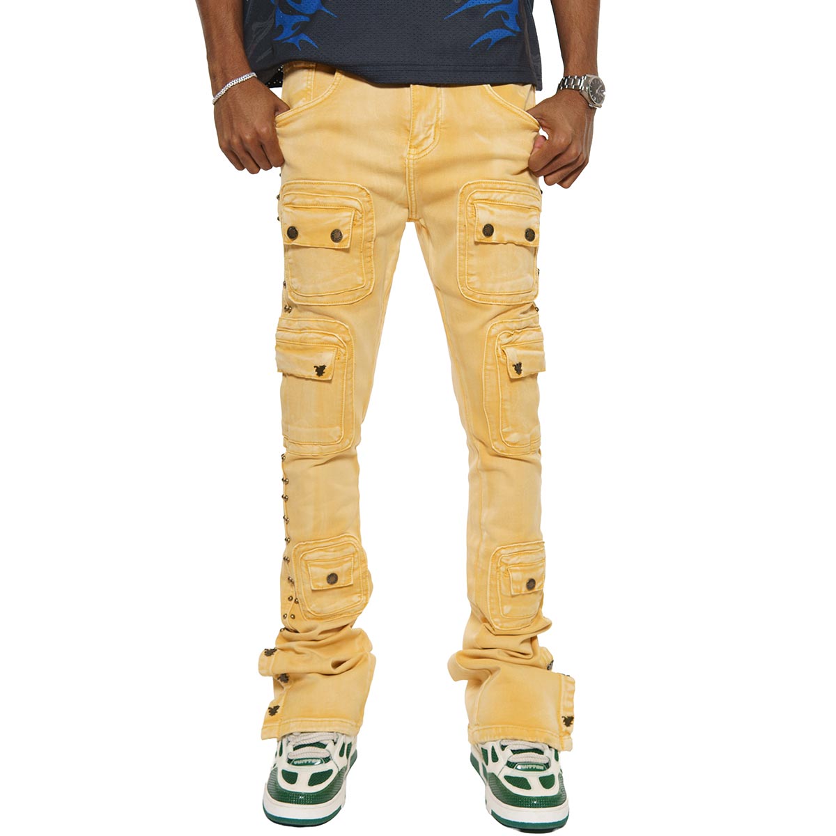 Studded warrior cargo flare fit denim pant