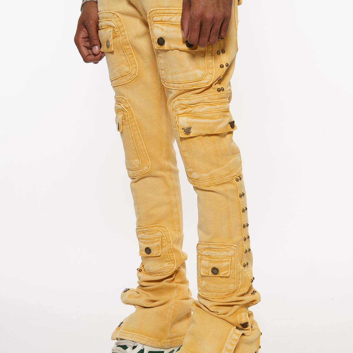 Studded warrior cargo flare fit denim pant