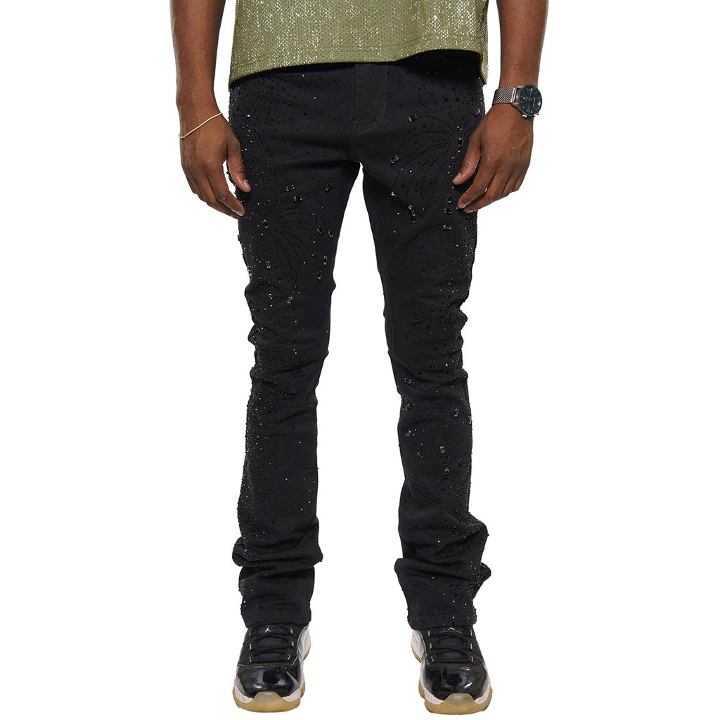 Embellished rhinestone denim flared pants