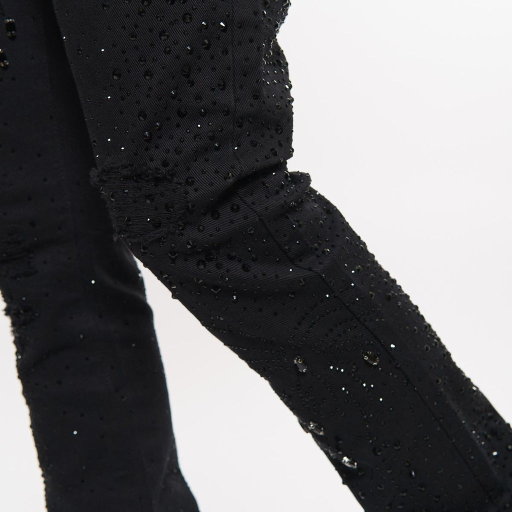 Embellished rhinestone denim flared pants