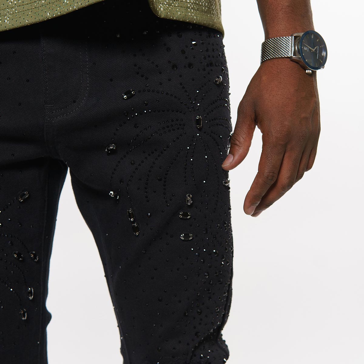 Embellished rhinestone denim flared pants