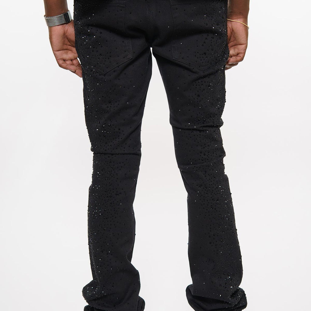 Embellished rhinestone denim flared pants