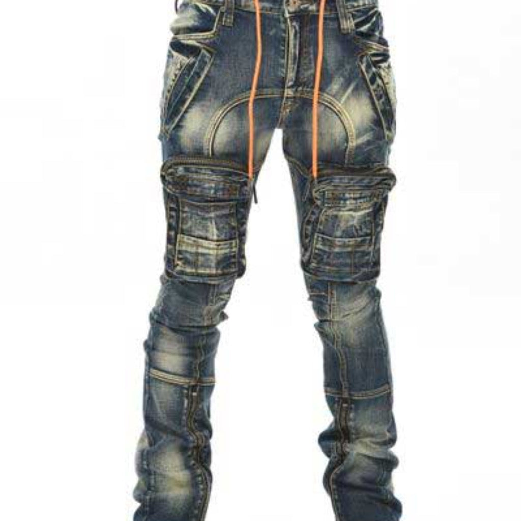 Zip cargo denim pants / flared fit