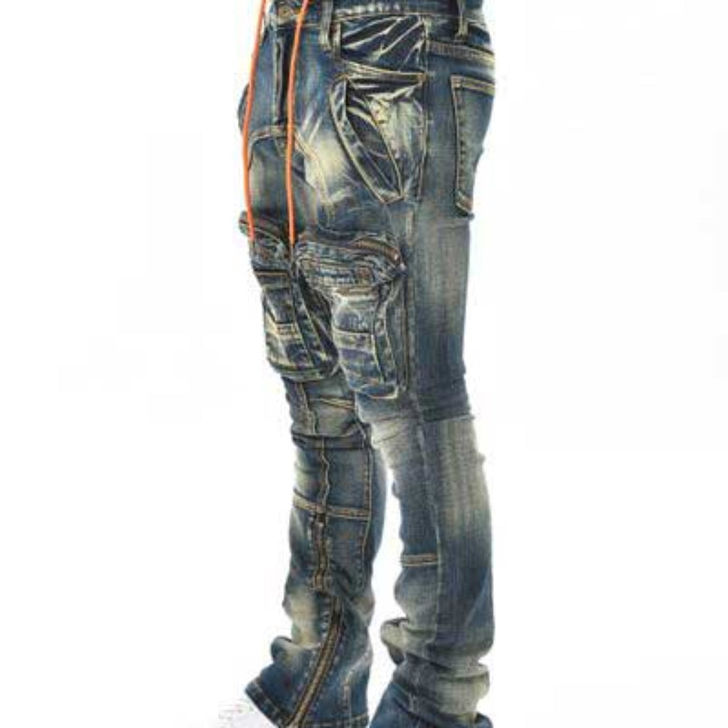 Zip cargo denim pants / flared fit