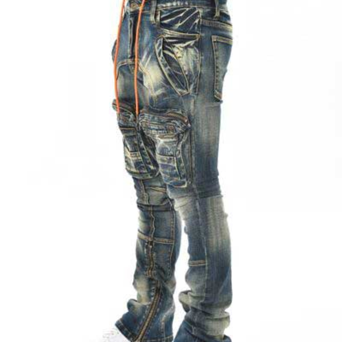 Zip cargo denim pants / flared fit