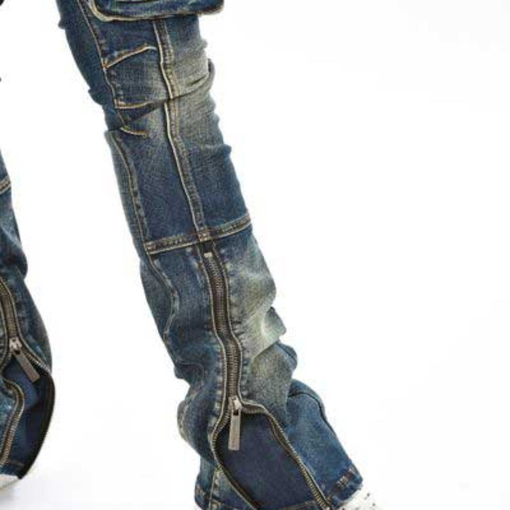 Zip cargo denim pants / flared fit