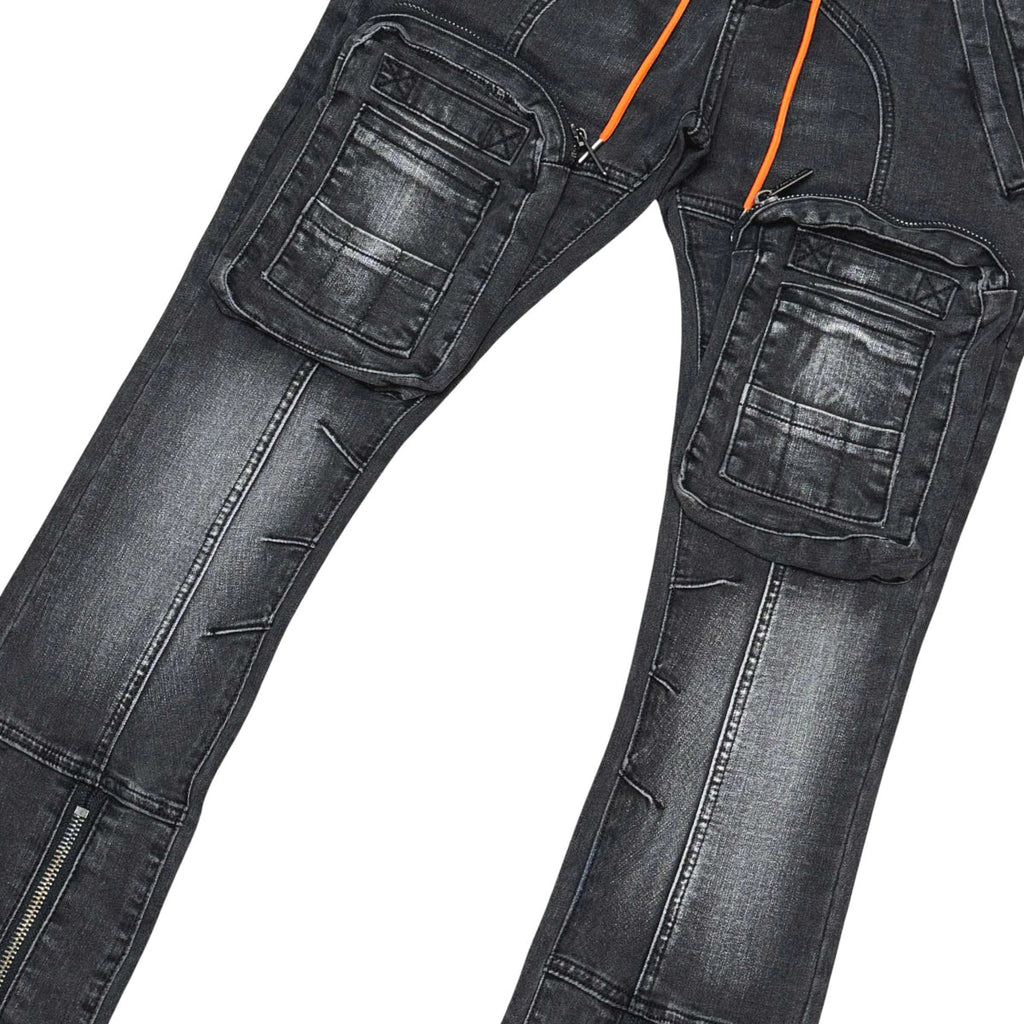 Zip cargo denim pants / flared fit
