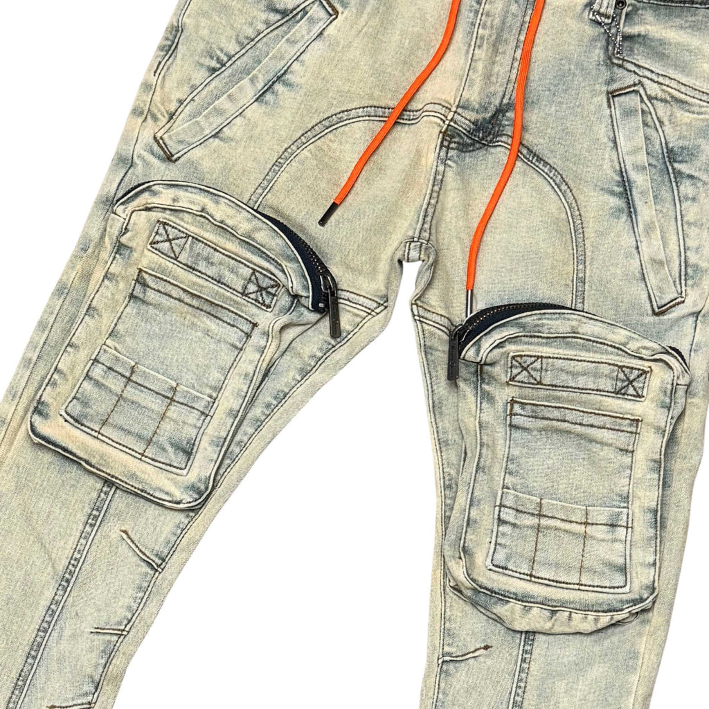 Zip cargo denim pants / flared fit