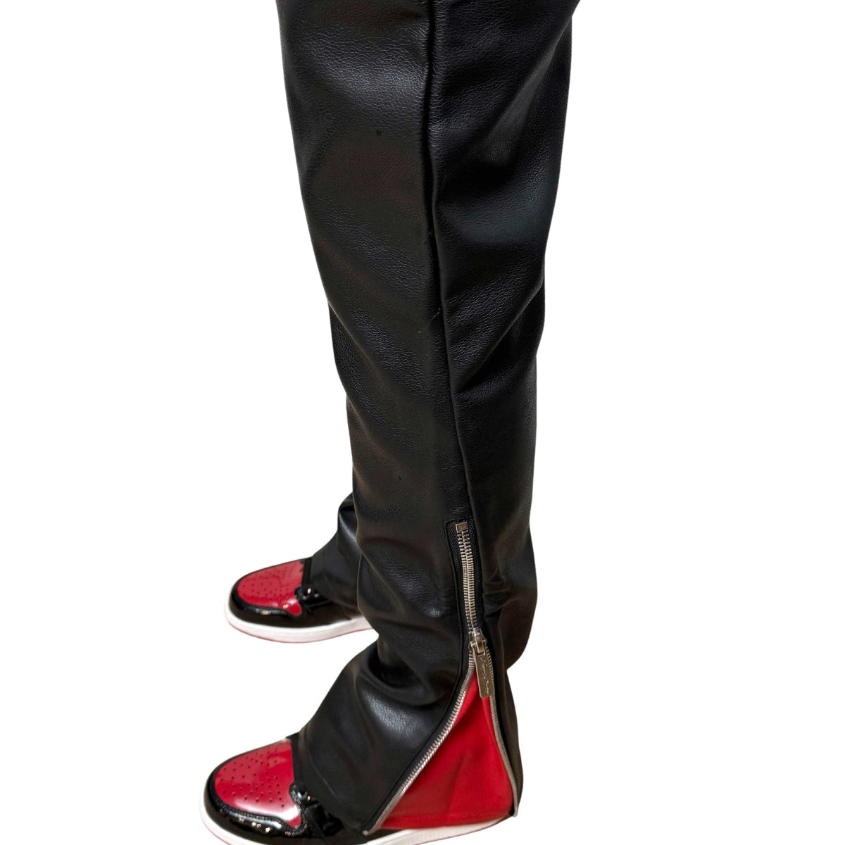 Vegan leather flared fit w/ side zipper contrast detail