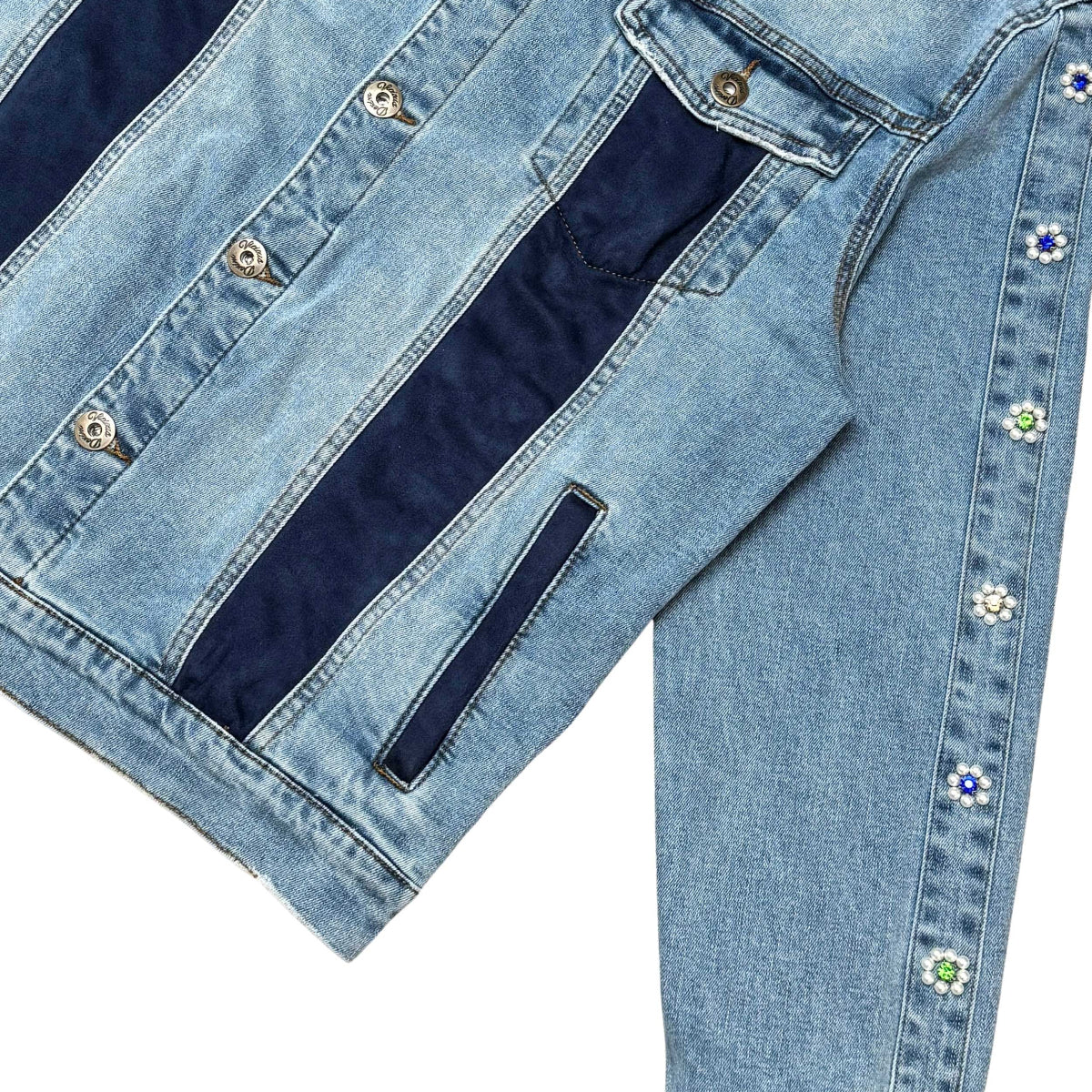 Denim jacket w/ suede cut & sew and pearl + gem stone details